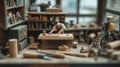 Miniature workshop scene featuring a male figure engaged in woodworking
