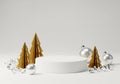 AI generated. Christmas Product Display with White Pedestal and Golden Trees Royalty Free Stock Photo