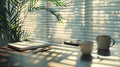 A minimalist workspace with light patterns through blinds.