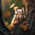 A mischievous squirrel peeking out from behind a tree trunk, holding an acorn in its tiny paws by AI generated Royalty Free Stock Photo