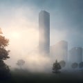 Ai generated a misty urban landscape with towering skyscrapers