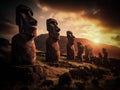 AI-Generated Moai Statues at Sunrise, Easter Island Royalty Free Stock Photo