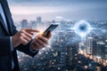 AI generated mobile digital transformation with professional using smartphone to access smart connectivity data flow cloud systems Royalty Free Stock Photo