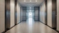 Modern, bright hallway with multiple elevator doors in sleek, minimalist design. Royalty Free Stock Photo