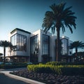 Ai generated a modern building with a palm tree in the foreground Royalty Free Stock Photo
