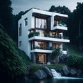 Ai generated modern building with a stunning waterfall in the foreground Royalty Free Stock Photo