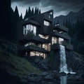 Ai generated modern building with a stunning waterfall in the foreground Royalty Free Stock Photo