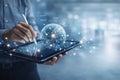 AI generated modern digital business communication professional using tablet global network connections visualizing data Royalty Free Stock Photo