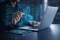 AI generated modern digital technology scene professional using laptop tablet and stylus interacting with holographic human Royalty Free Stock Photo