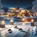 AI Generated Modern Home House Driveway Snowfall RacoonsA