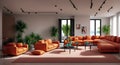 Ai generated a modern living room with vibrant orange sofas and lush indoor plants Royalty Free Stock Photo