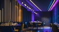 Ai generated a modern restaurant with moody blue and purple lighting