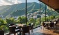 A restaurant with a view of the mountains. Royalty Free Stock Photo