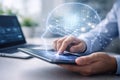 AI generated modern technology visual of hands using a tablet holographic human head neural network data flow and digital Royalty Free Stock Photo