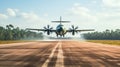 AI Generated A Momentous and Impressive Photo of a Light Green and Black Cargo Plane Landing on a Military Airstrip