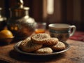 Moroccan traditional cookie and tea table. Royalty Free Stock Photo
