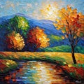 AI generated mosaic style artwork depicting sun rise from the mountains with trees and a water stream at the foothills Royalty Free Stock Photo