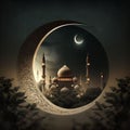 AI generated mosque on background of moon at night