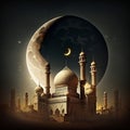 AI generated mosque on background of moon at night