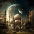 AI generated mosque on background of moon at night