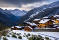 AI generated mountain peaks with snow covered roofs of houses at the foothills