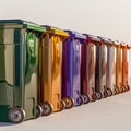 AI Generated. Multi-colored containers for sorting waste are lined up under the sun\'s rays.
