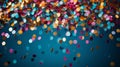 AI Generated. Multi-colored large circles of confetti flying in the air on a blue background.