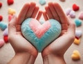 AI generated multicolor plush heart in hands. Soft light. Cozy photo