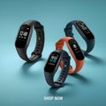 AI-Generated Multiple Smartwatches: Black, Dark Teal, and Orange Displaying Different Times Royalty Free Stock Photo