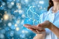 Mystical blue DNA helix floating above a hand against a bokeh background, representing the advanced and magical nature of genet