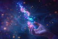Mystical and colorful DNA helix floating above a hand in a cosmic environment, symbolizing the wonder and advanced nature of ge