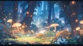 A mystical forest with ancient ruins, glowing mushrooms manga cartoon style by AI generated