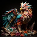 A mythical griffin, a fantastical fusion of origami lion and eagle, guarding a treasure trove of folded paper gems by AI generated