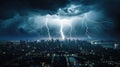 AI Generated Lightning Strike over a Cityscape during a Thunderstorm Royalty Free Stock Photo