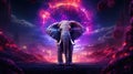 A neon purple space elephant gracefully walking on a neon yellow Saturn-like planet with glowing rings by AI generated