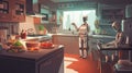 AI-generated, neural image of a human-like android engaged in cooking within a homely kitchen environment