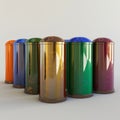 AI Generated. New round designer multi-colored trash cans installed in a row.