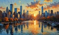 A painting of a city skyline with the sun setting in the background. Royalty Free Stock Photo