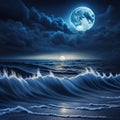 AI generated night landscape depicting high tidal sea waves under full moon in beach and another moon rising from horizon