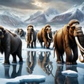 AI generated now extinct herd of woolly mammoth in a frozen landscape