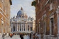 Oil painting of pedestrian street in Rome. St Peter in the background.