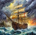 AI generated oil painting of a medieval era ship caught in thunderstorms in high seas