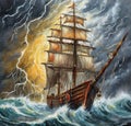 AI generated oil painting of a medieval era ship in the midst of a thunderstorm in sea