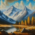 AI generated oil painting of mountains clad in snow, a lake and pine forest at the foothills