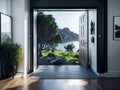 Ai generated an open door with a serene view of a peaceful lake Royalty Free Stock Photo