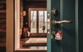 AI-generated, Open door to a new home. Door handle with key and home shaped keychain.