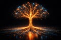 AI generated orange gold digital energy tree with glowing circuit branches and reflective data ground on dark background Royalty Free Stock Photo