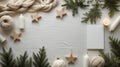 Cozy Christmas or Winter Holiday Frame Flat Lay with Knit Blanket, Pine, and Candles Royalty Free Stock Photo