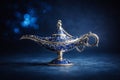 AI generated ornate Arabian magic lamp with blue and silver metal patterns placed on a smooth surface with dark blurred bokeh Royalty Free Stock Photo