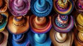 Overhead view of a variety of colorful sombreros arranged in a captivating pattern.